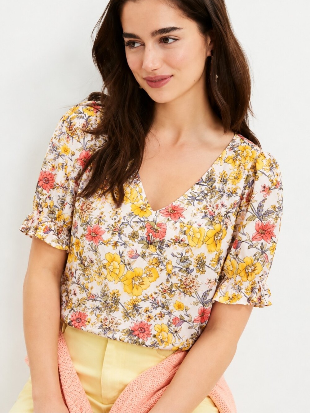 ❤️ NWT! ANN TAYLOR LOFT FLORAL PUFF SLEEVE V NECK TOP, XXS